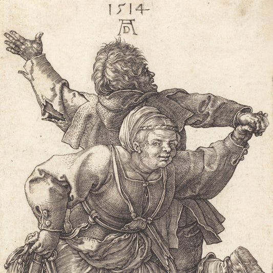 A vintage black ink etching on aged beige paper, depicting two figures in dynamic action with raised arms, with the year '1514' and a Chinese character printed above.