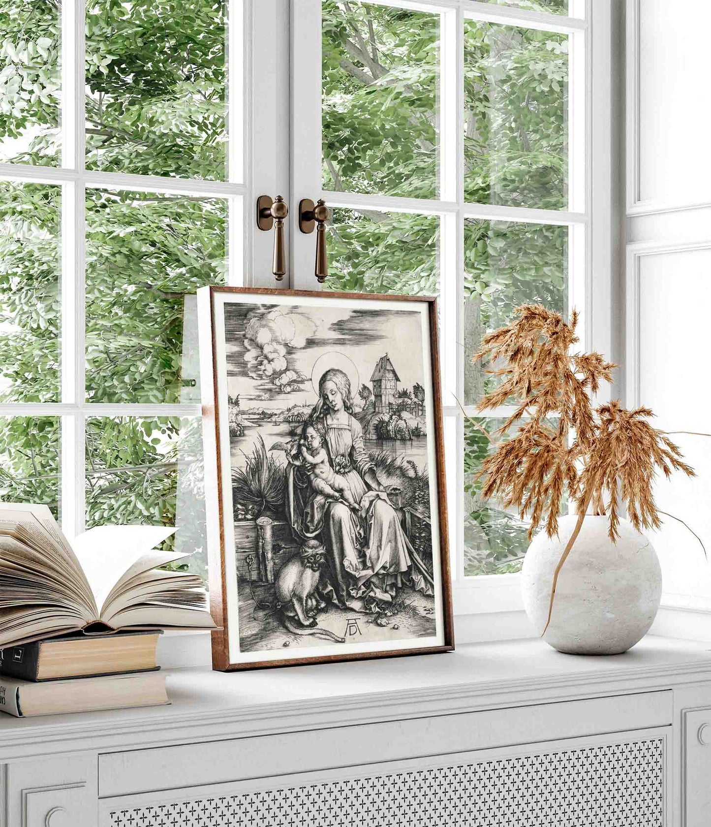 Albrecht Dürer Virgin and Child with the Monkey engraving, framed reproduction in modern interior living room.