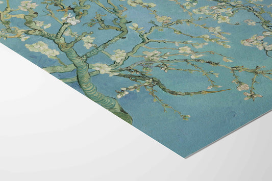 Artistic depiction of almond branches with flowers on a textured blue background