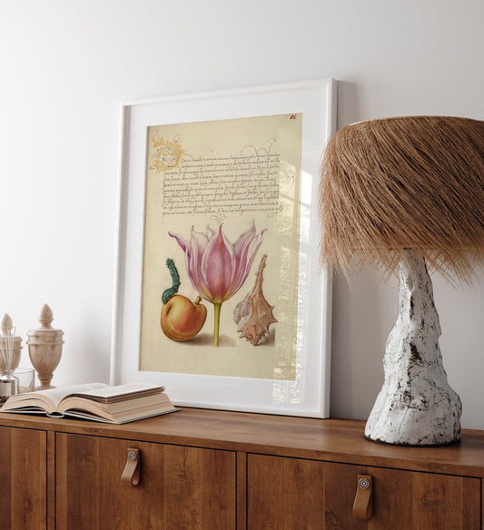 Chenille, poire, tulipe et escargot violet
