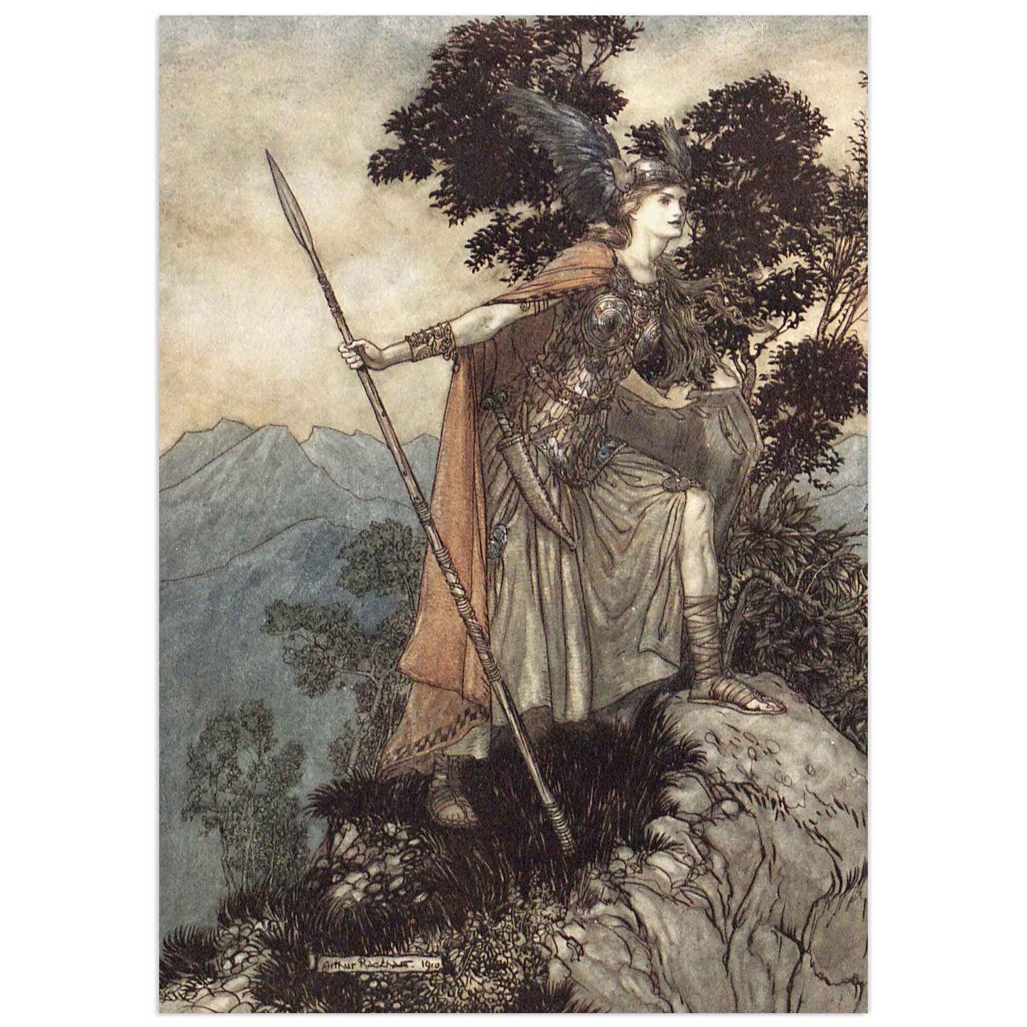 Illustration of Brunhild from Norse mythology by Arthur Rackham – vintage fairy tale art print