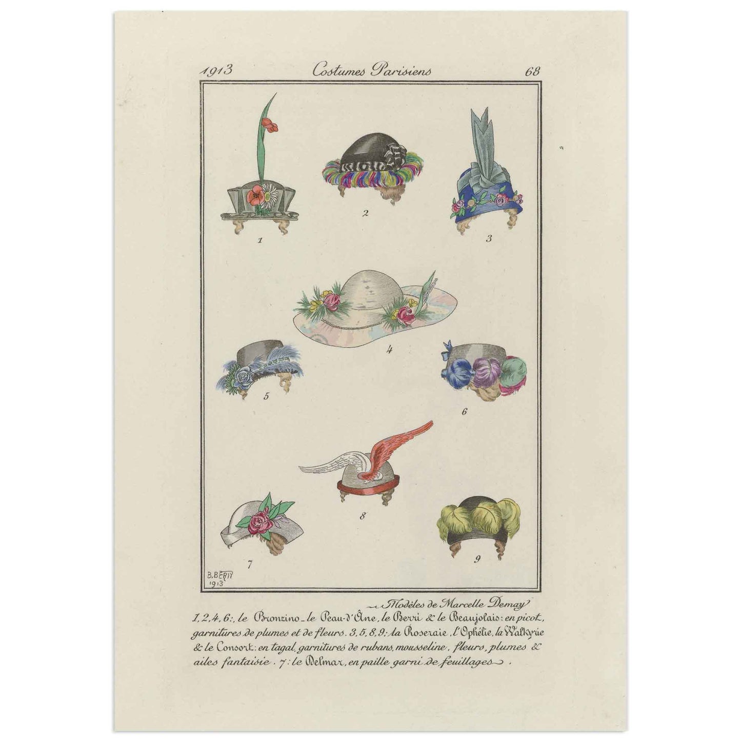 Vintage "Costumes Parisiens" 1913 poster featuring detailed illustrations of fashionable Parisian hats adorned with feathers, flowers, and ribbons.