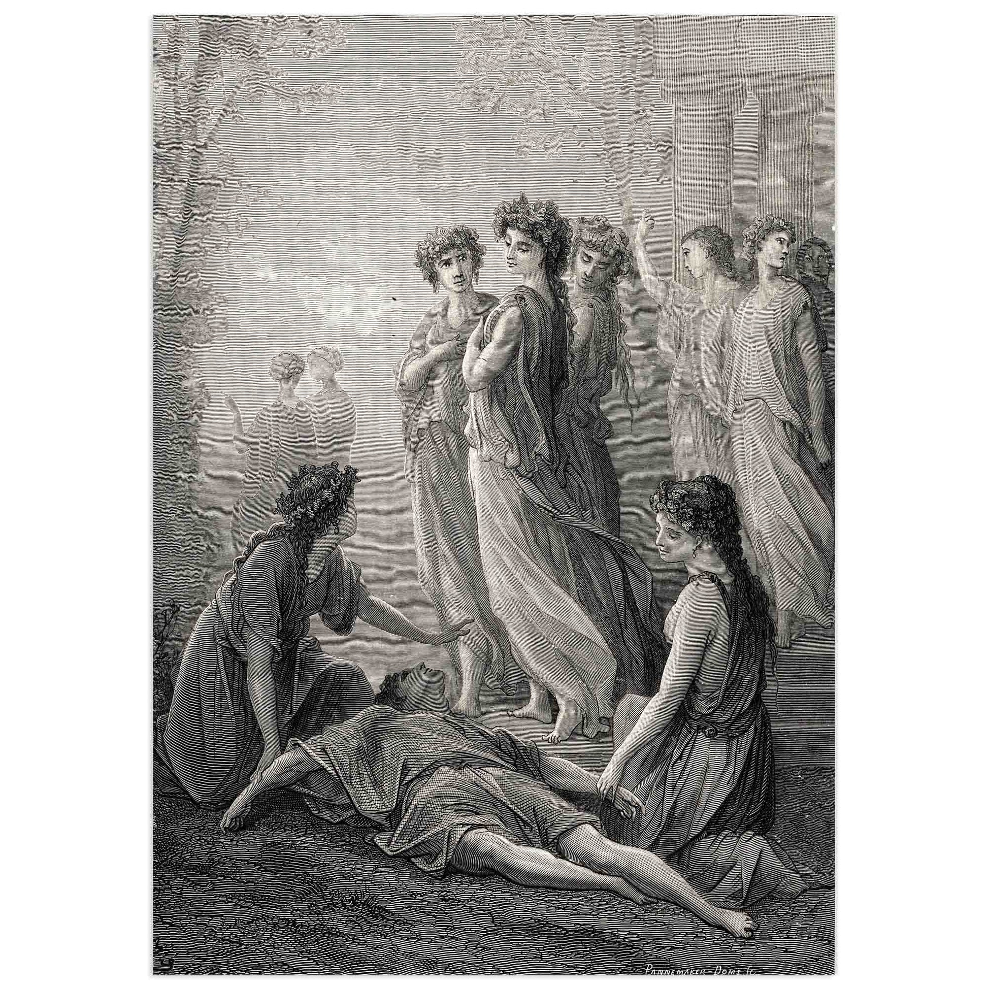 Daphnis and Alcimadure by Gustave Doré – Classical scene with women grieving over a fallen shepherd, engraved in 19th-century style