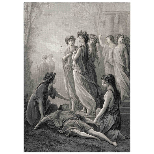 Daphnis and Alcimadure by Gustave Doré – Classical scene with women grieving over a fallen shepherd, engraved in 19th-century style
