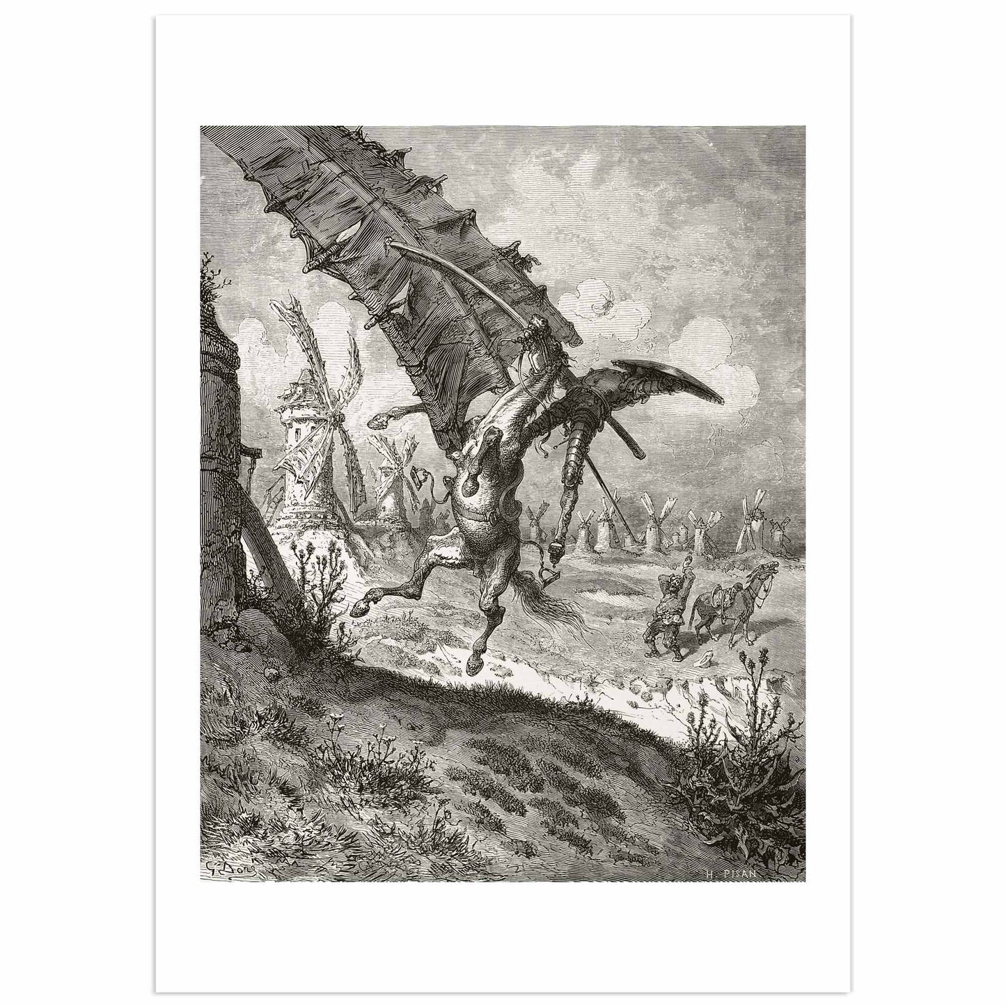 Gustave Doré engraving of Don Quixote attacking windmills, classic black-and-white illustration.