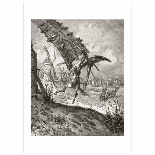 Gustave Doré engraving of Don Quixote attacking windmills, classic black-and-white illustration.