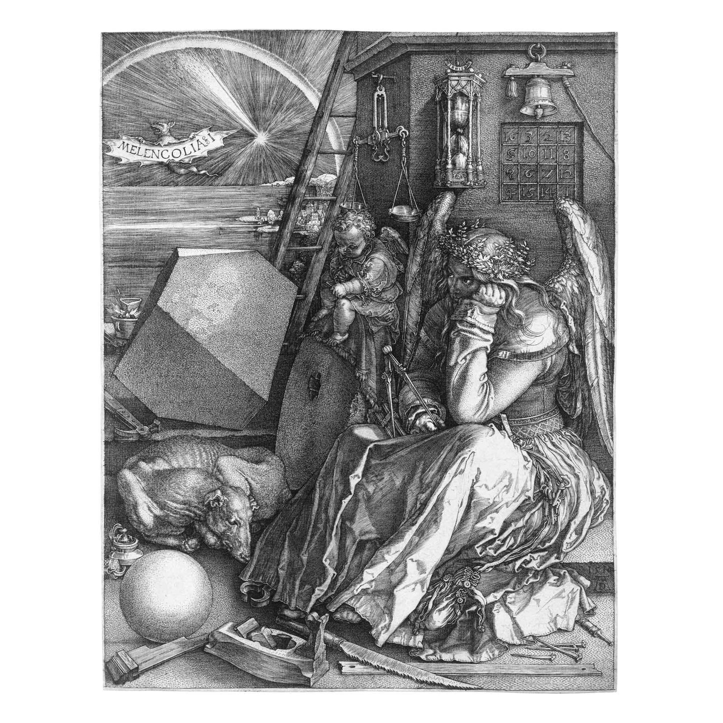 Melencolia I engraving by Albrecht Dürer 1514, showing winged melancholic figure surrounded by geometric instruments, magic square and polyhedron
