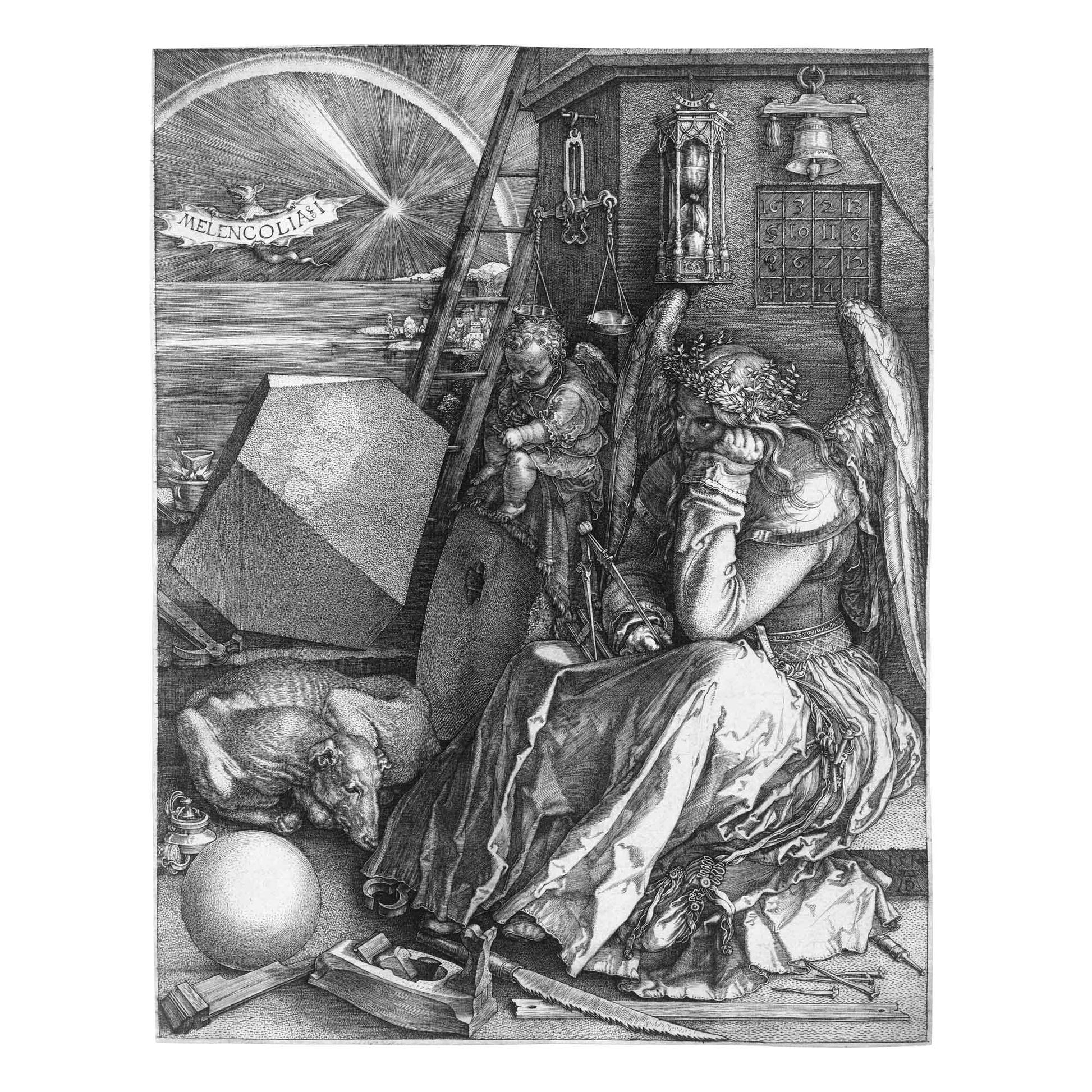 Melencolia I engraving by Albrecht Dürer 1514, showing winged melancholic figure surrounded by geometric instruments, magic square and polyhedron