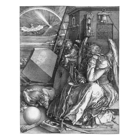 Melencolia I engraving by Albrecht Dürer 1514, showing winged melancholic figure surrounded by geometric instruments, magic square and polyhedron