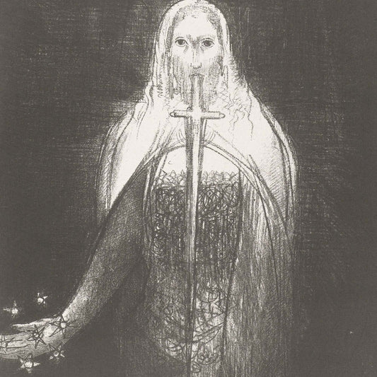 A dark monochrome artwork depicting a hooded figure holding a vertical sword, rendered in sketch-like black, gray, and white tones against a dark background.