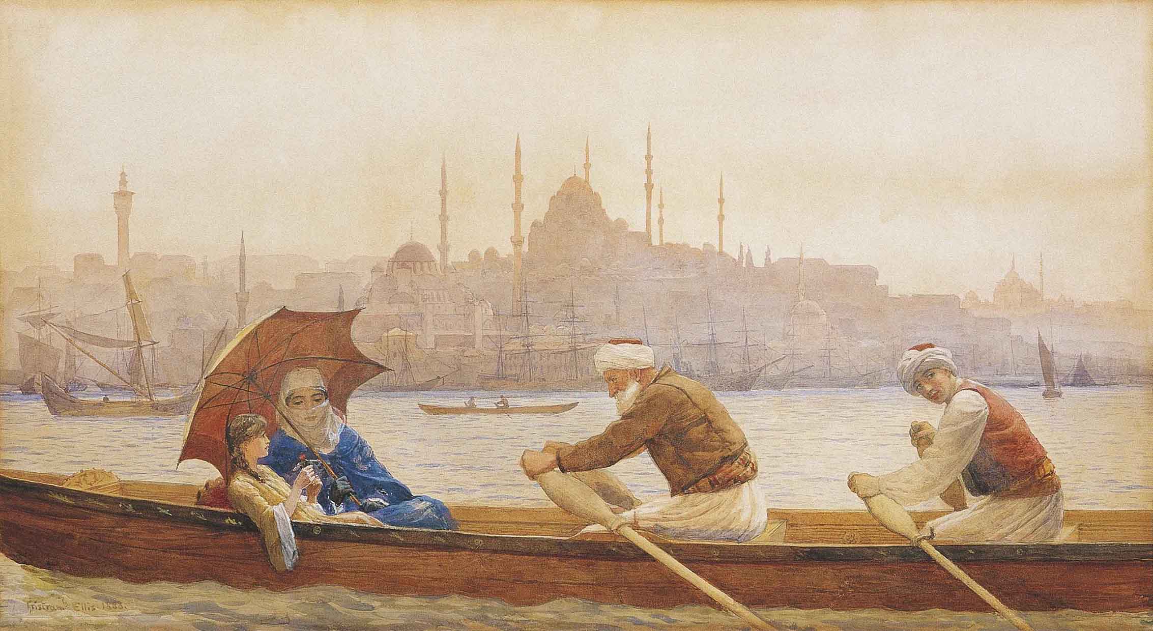 Watercolor painting Excursion on the Golden Horn by Tristram James Ellis, depicting boats with figures sailing on the calm waters of the Golden Horn in Istanbul, with distant hills and soft evening light.