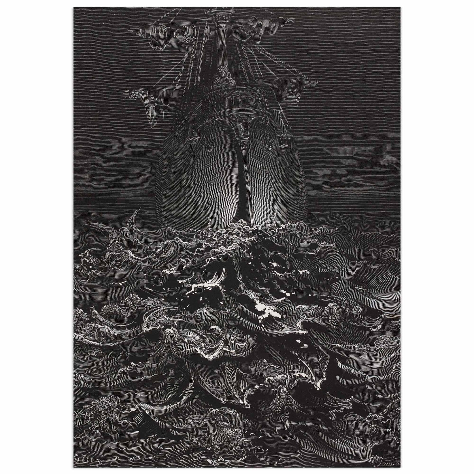 Dark and dramatic seascape by Gustave Doré titled The Rotting Sea, with crashing waves and brooding atmosphere