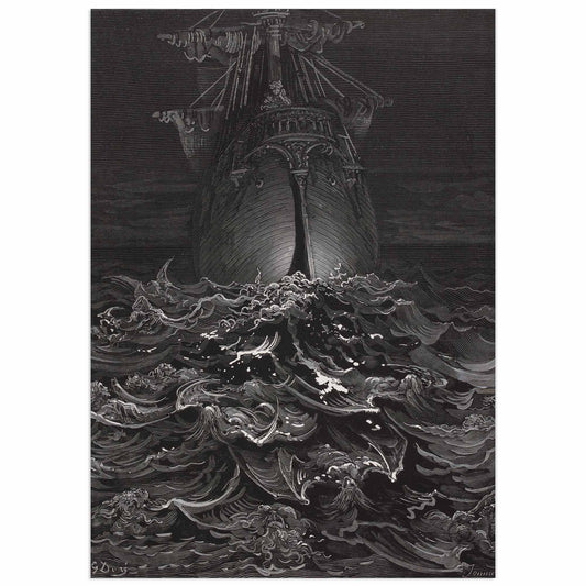 Dark and dramatic seascape by Gustave Doré titled The Rotting Sea, with crashing waves and brooding atmosphere