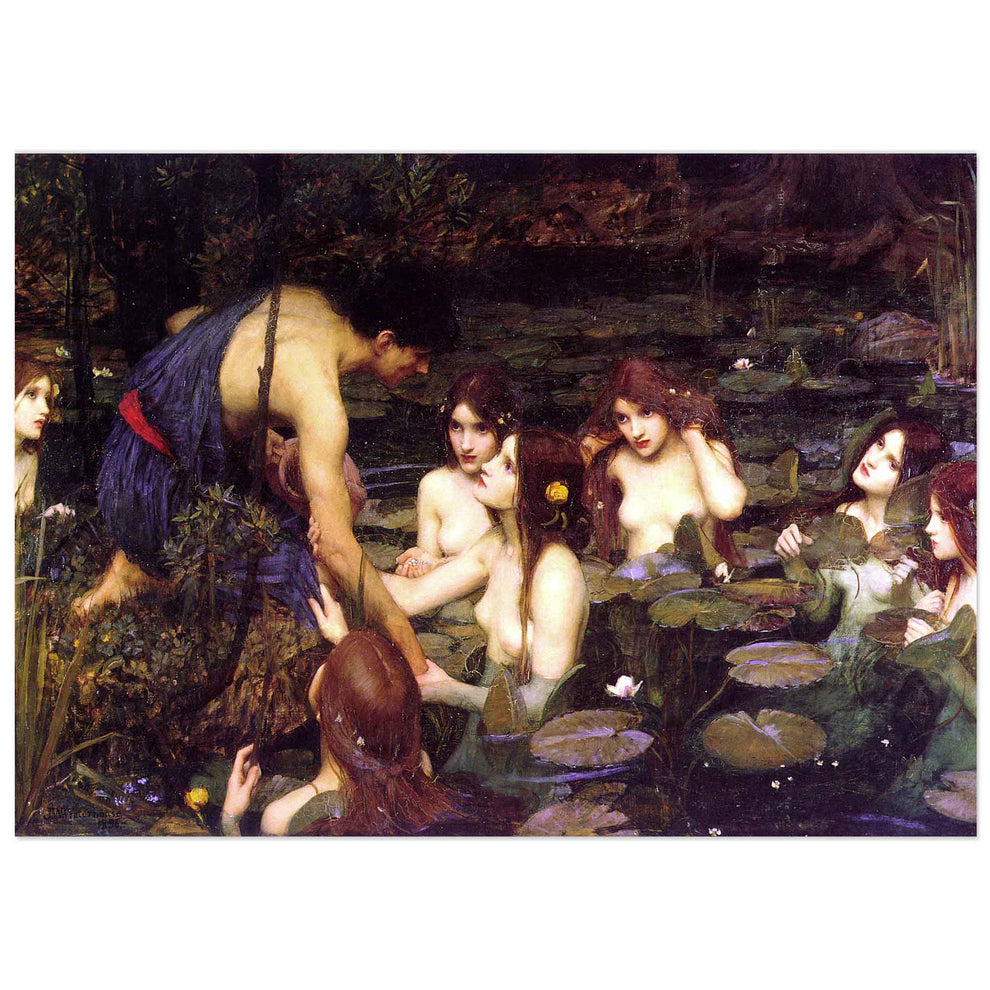 A young man in a blue tunic with a red sash kneels by a pond, reaching toward seven nude water nymphs emerging among water lilies and lush green foliage.