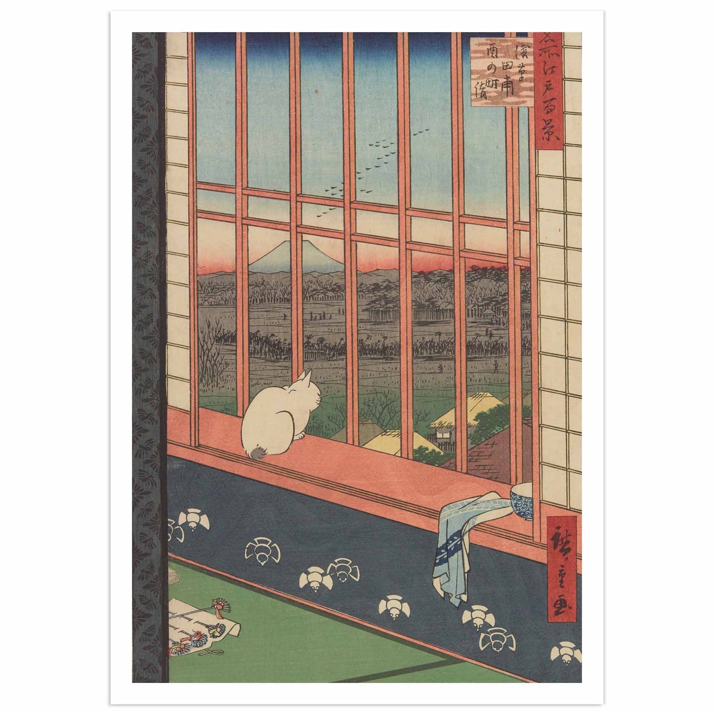 Japanese print by Hiroshige depicting Asakusa ricefields with distant Mount Fuji and seasonal workers in red fields