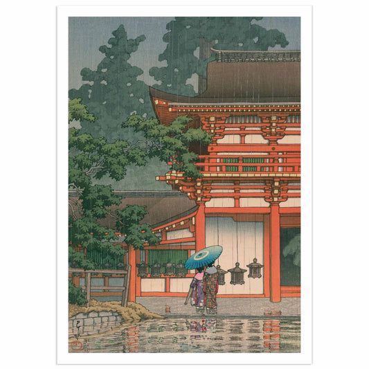 Hasui Kawase woodblock print – Kasuga Shrine in Nara with stone lanterns and gentle rain. Japanese Shin-Hanga art reproduction poster.