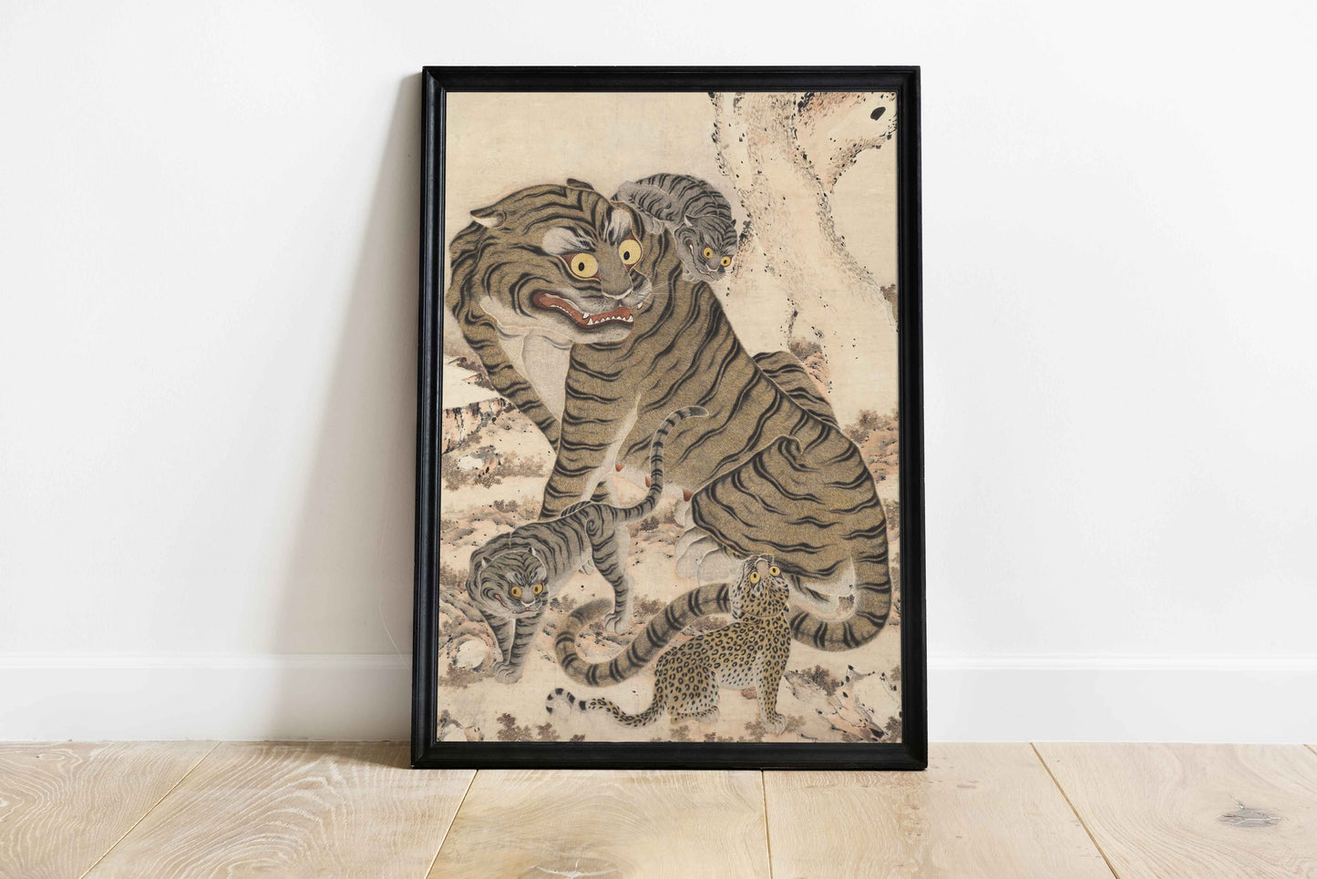 Traditional Korean Minhwa painting print from the Joseon Dynasty showing a tiger family. The artwork depicts a large tiger with expressive round eyes surrounded by tiger cubs with striped and spotted coats, set in a natural background. Korean folk art poster wall decor.