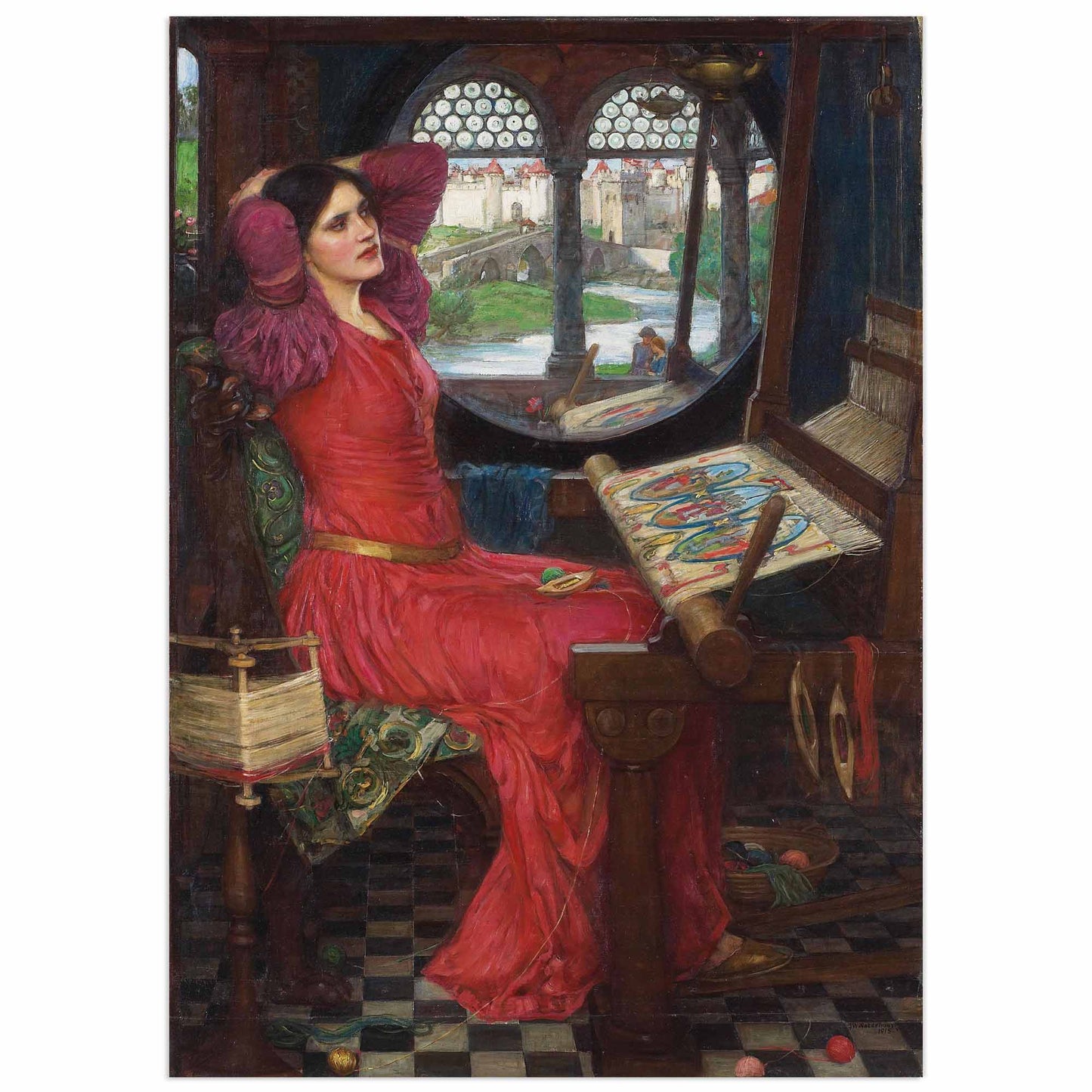 A museum-quality paper reproduction of 'The Lady of Shalott' painting by John William Waterhouse, featuring a woman in a red gown seated before a loom with an arched window in the background.