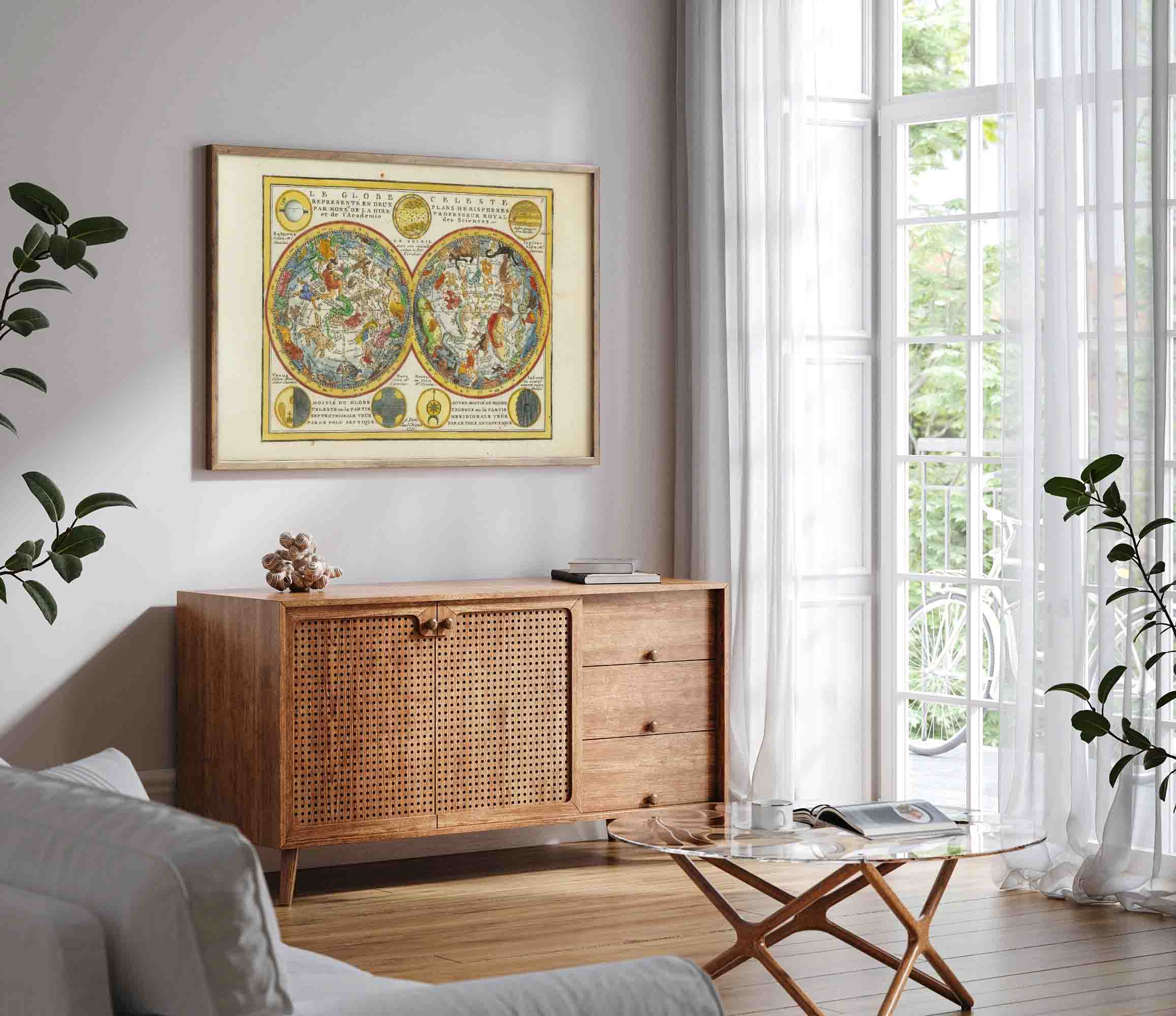 Cozy interior with a beautiful old map hanging on the wall