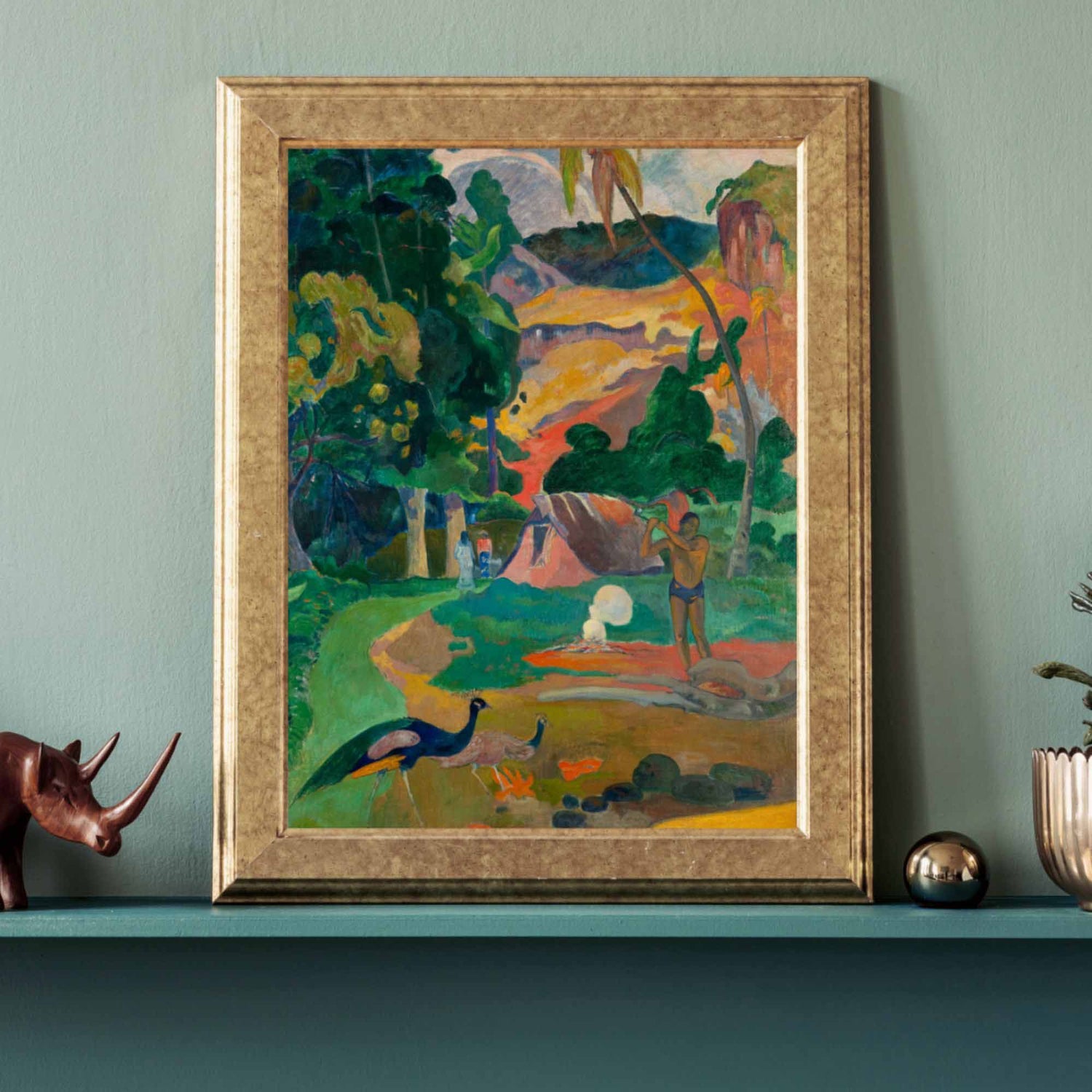 Landscape with Peacocks by Paul Gauguin, An oil on canvas depicting a Tahitian landscape centered on a Polynesian man chopping wood for a fire with a small axe, with two peacocks in the foreground.