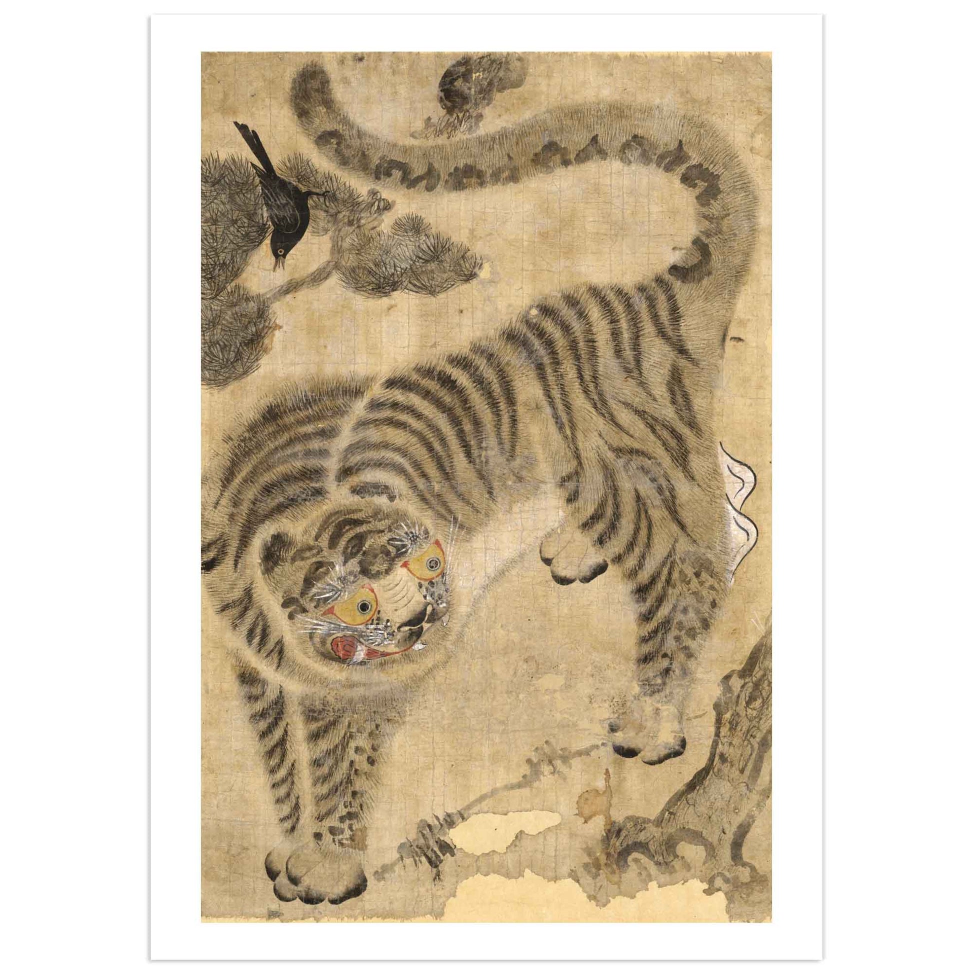 Antique Korean Minhwa print featuring a standing tiger with exaggerated yellow eyes and striped fur, alongside a magpie perched on a pine branch.