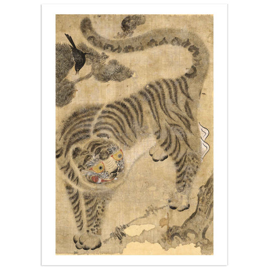 Antique Korean Minhwa print featuring a standing tiger with exaggerated yellow eyes and striped fur, alongside a magpie perched on a pine branch.