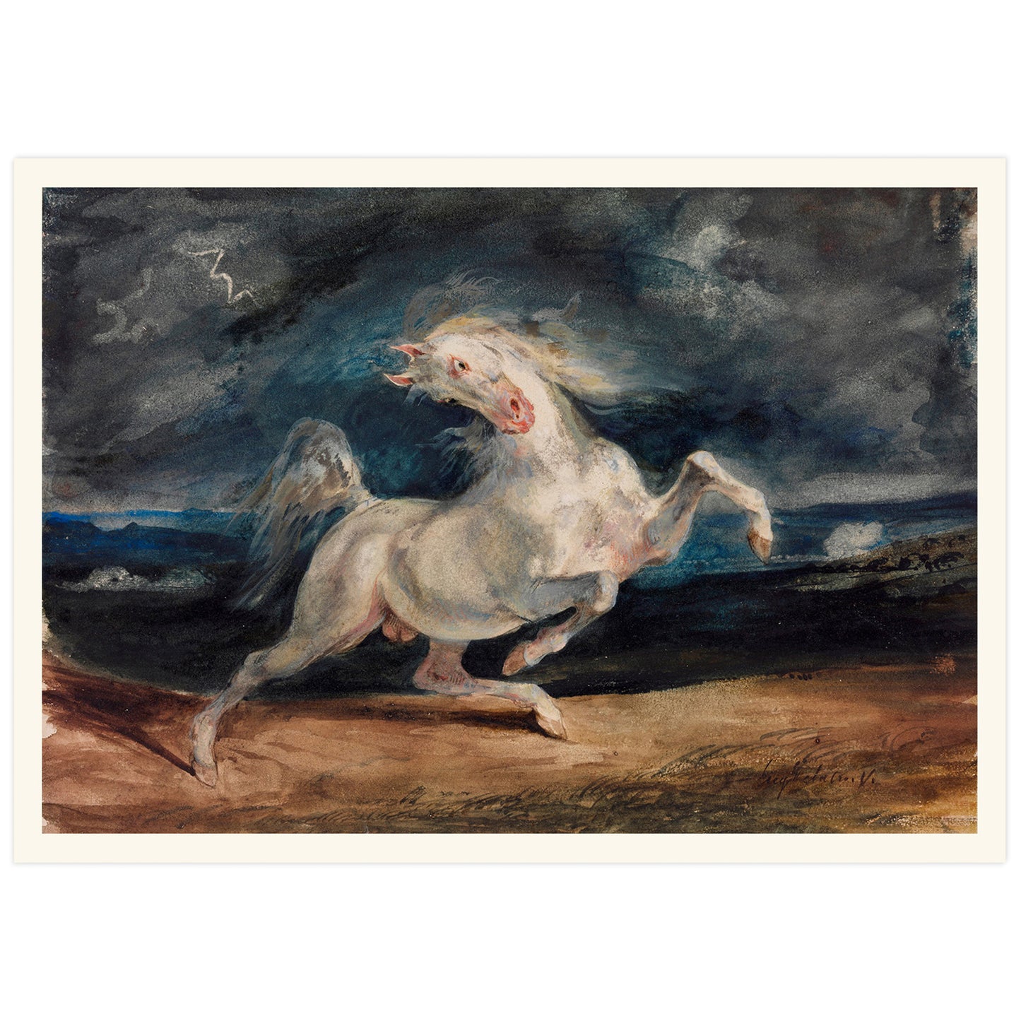 print of the 19th century painting "Horse frightened by lightning" by Eugene Delacroix.