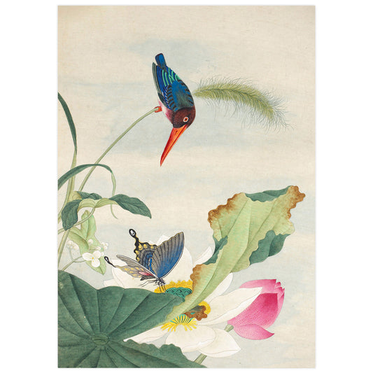 Aquarelle chinoise d'oiseaux et de fleurs