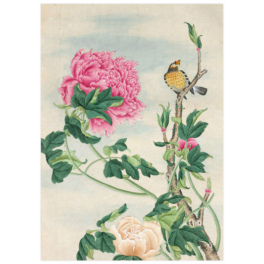 Aquarelle représentant des oiseaux et des fleurs chinoises du XVIe siècle