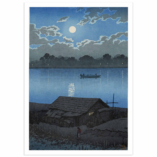 Japanese woodblock print of a moonlit river scene in Akabane by Kawase Hasui, tranquil blue night with reflections