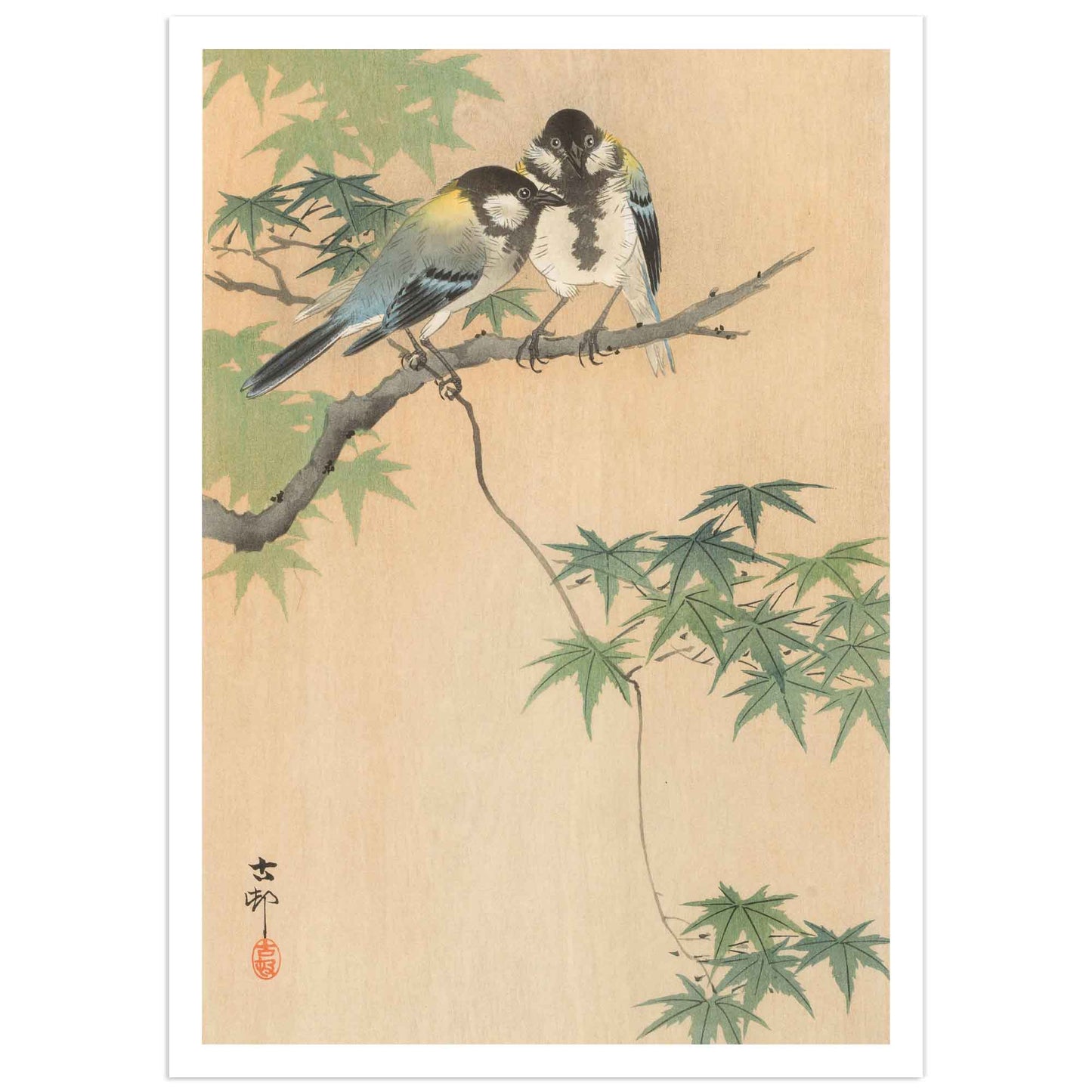 Great tits on maple branch - Ohara Koson