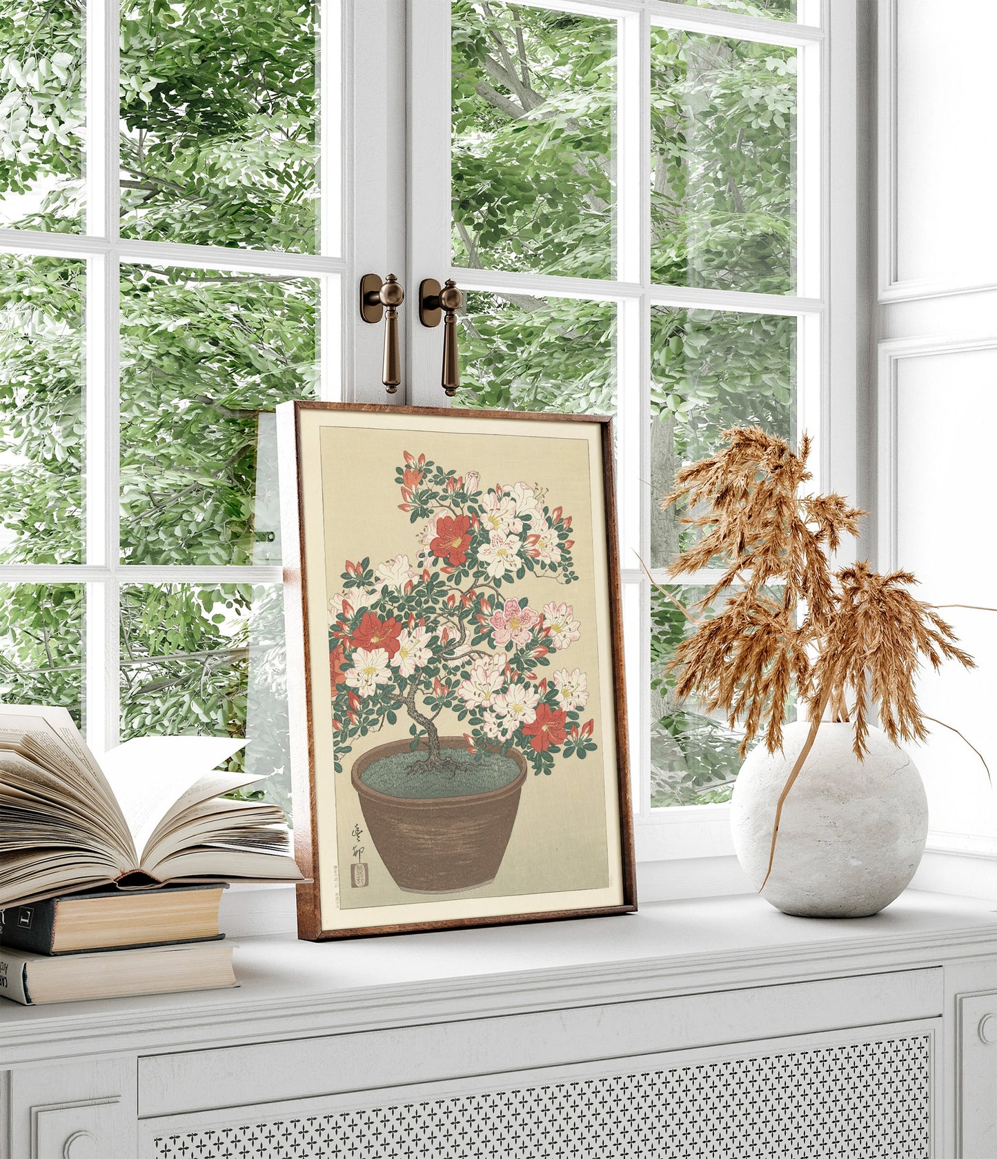 Ohara Koson - Flowering azalea in brown pot