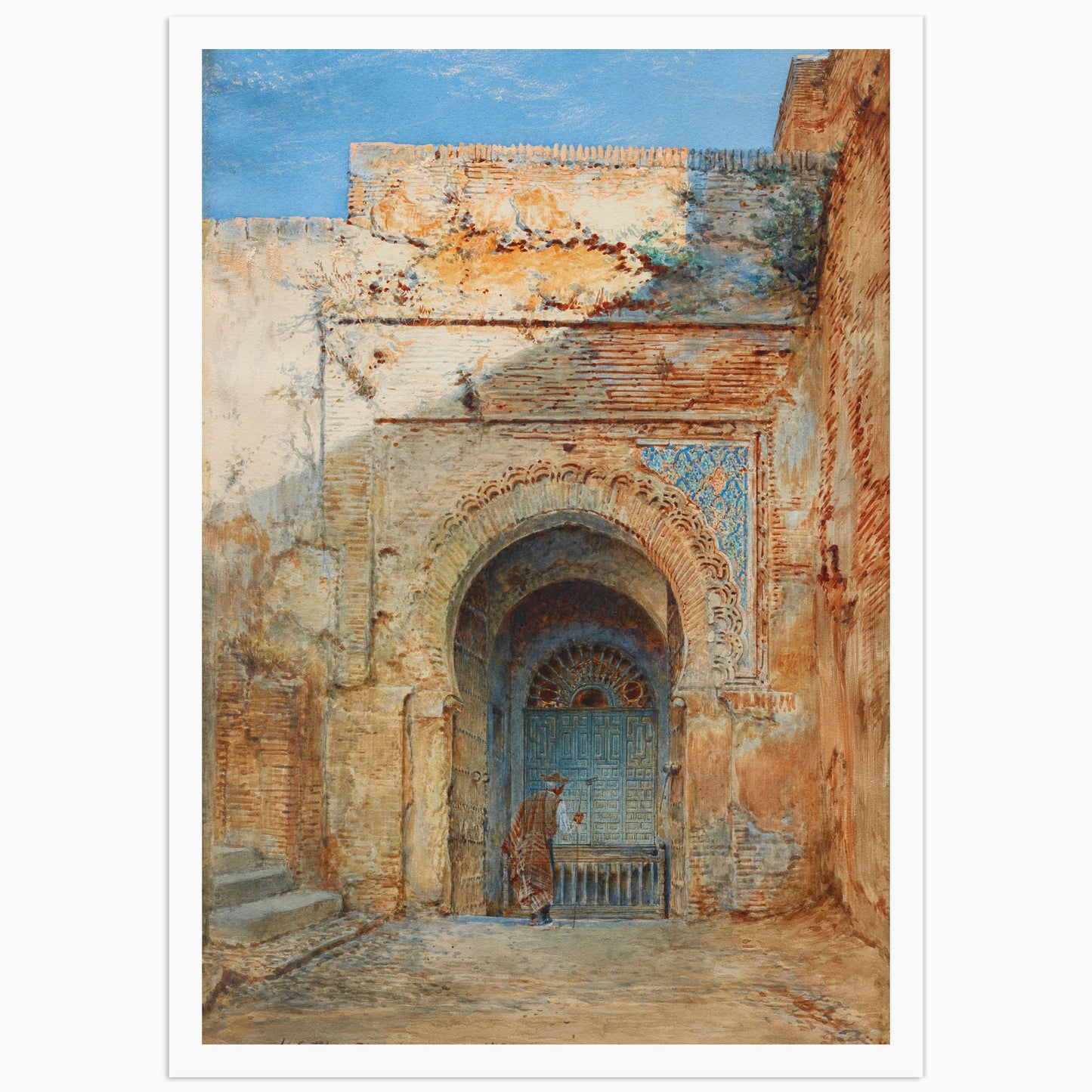 Watercolor painting of an old Moorish doorway in Morocco, showing a weathered brick arch with intricate horseshoe motifs, a turquoise wooden door with geometric patterns, and a solitary robed figure standing in the shadowed entrance, warm earth tones contrasting with a pale blue sky