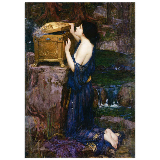 Fine art reproduction of Pandora (1896) by John William Waterhouse, depicting a woman in a blue gown holding the mythical box.