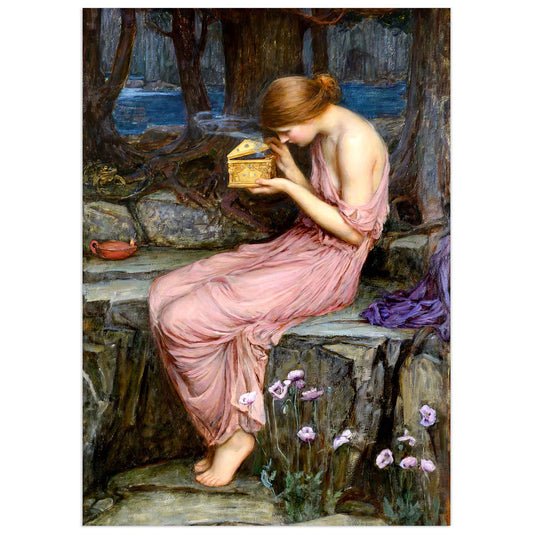 A reproduction of John William Waterhouse's painting 'Psyche Opening The Golden Box', featuring a nude figure seated by a fountain, opening a box, with a pre-Raphaelite style background.