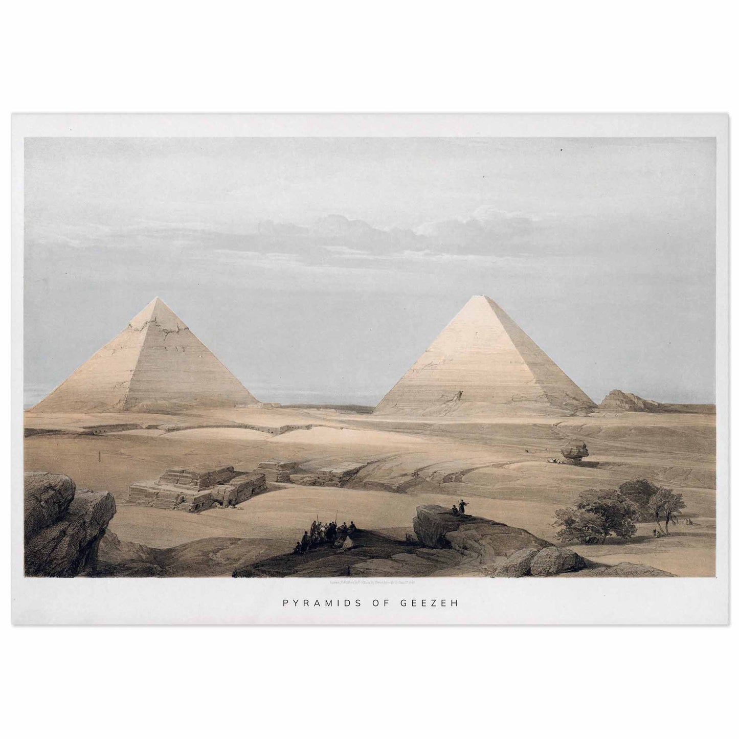 19th-century lithograph depicting the Pyramids of Giza and the Sphinx, with groups of Egyptians in the foreground.