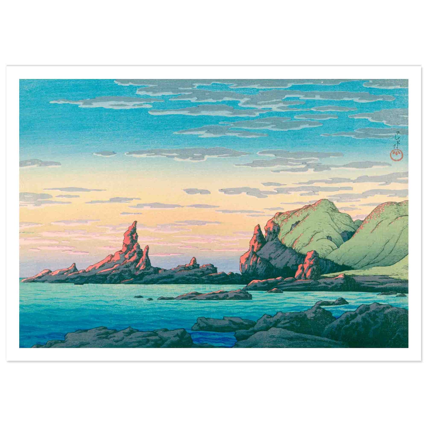 Japanese woodblock print depicting Ryûga Island on the Oga Peninsula, featuring rugged cliffs and calm sea under a clear sky.
