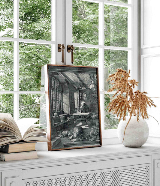 Saint Jerome in His Study engraving by Albrecht Dürer, framed view