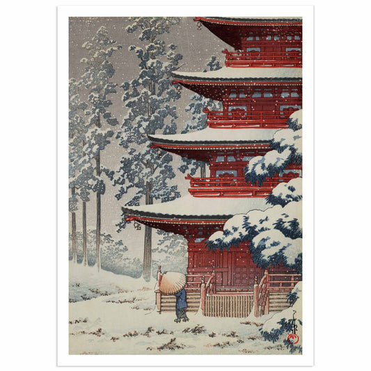 Japanese print of Saishoin Temple in Hirosaki by Kawase Hasui, showing red pagodas and snowy trees in peaceful harmony