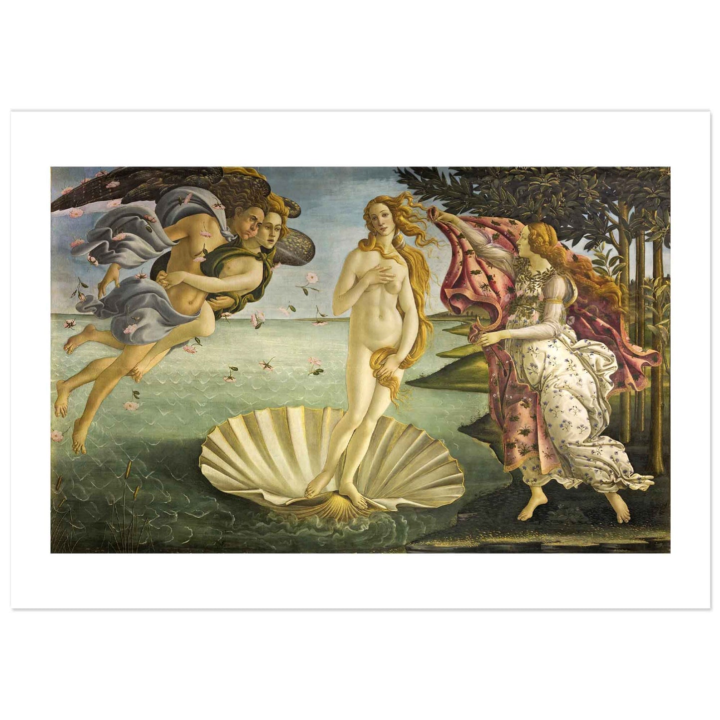 Sandro Botticelli's 'The Birth of Venus,' a masterpiece of Renaissance art depicting Venus, the goddess of love, emerging from the sea on a giant shell. Zephyr, the god of wind, blows her ashore, accompanied by Chloris, while a maiden prepares to clothe her with a flowing robe. The painting is set against a serene ocean backdrop with lush foliage on the right.