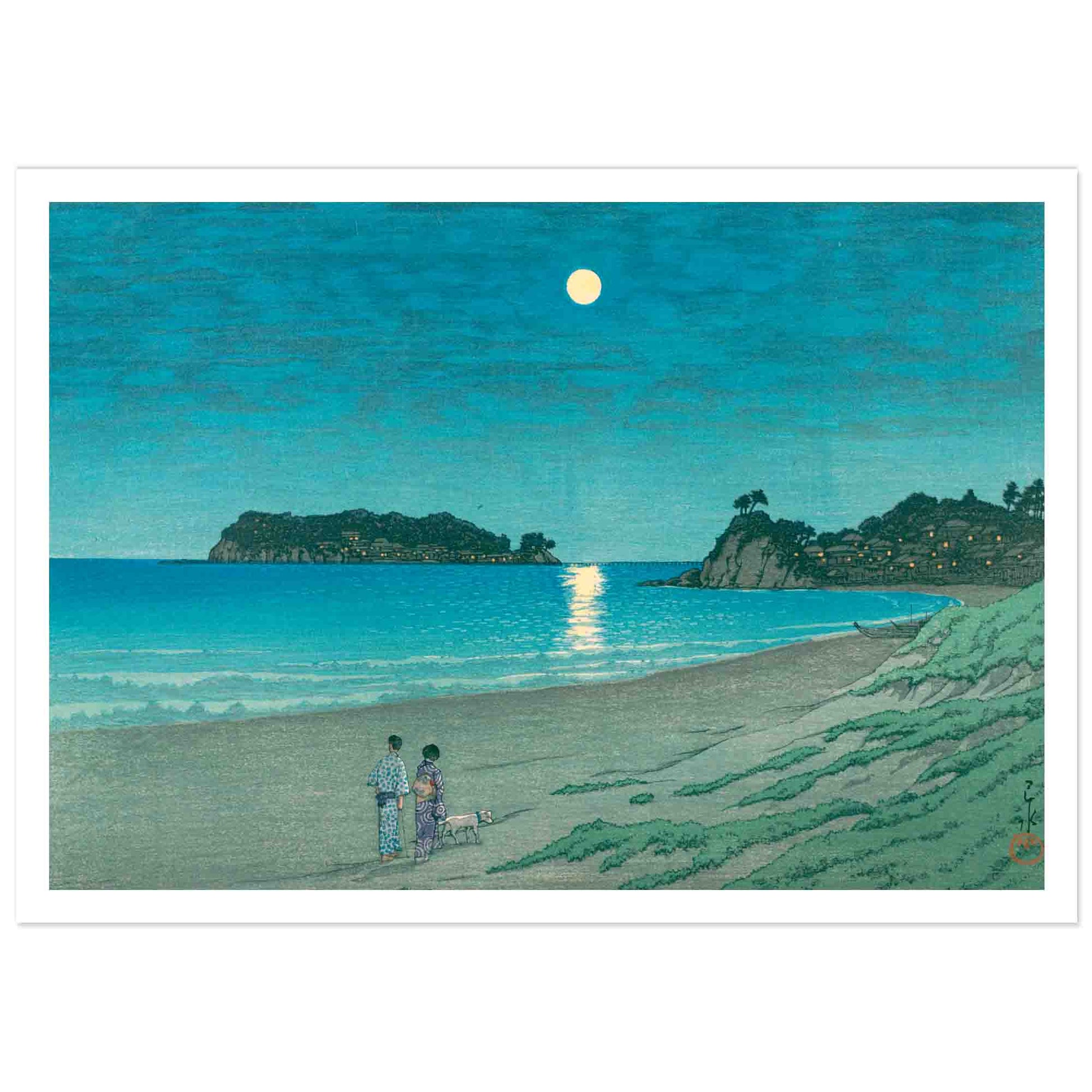 Two figures with a dog walk along the moonlit Seven-Mile Beach in Sagami Province, with gentle waves lapping at the shore.
