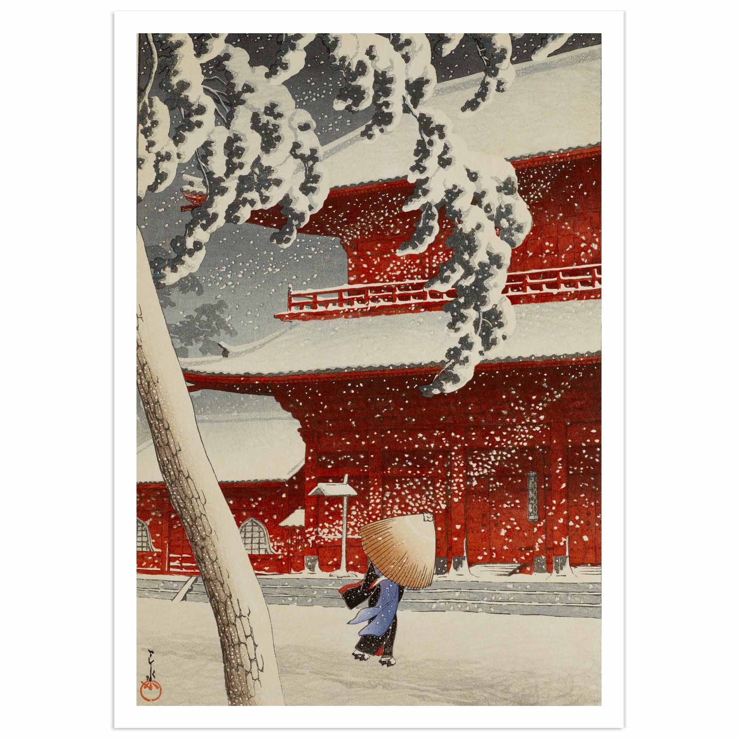 Japanese print by Kawase Hasui depicting a solitary woman walking under the snow in front of the Sangedatsumon portal of the Zōjōji temple in Tokyo.