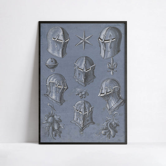 Six Casques de Chevaliers, Étoile & Fleur-de-Lis – Illustration d’Armures Renaissance, 1593