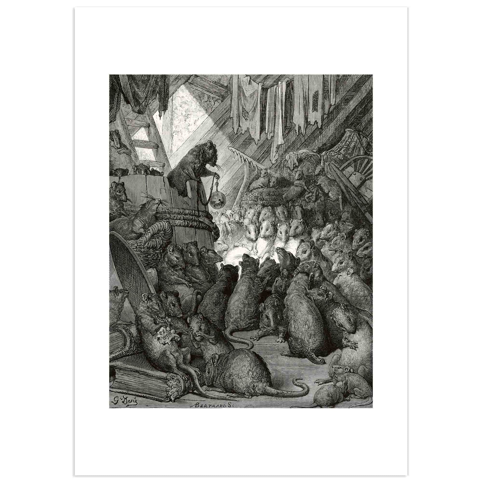 Illustration by Gustave Doré of “The Council Held by the Rats,” a fable by Jean de La Fontaine. A group of rats debates under a throne.
