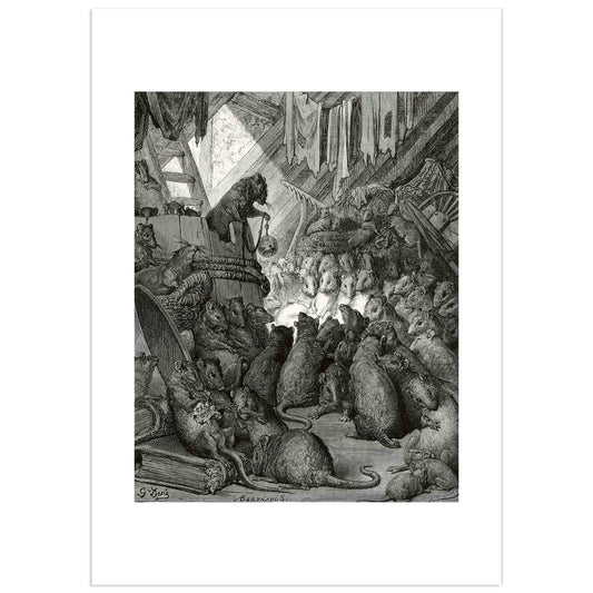 Illustration by Gustave Doré of “The Council Held by the Rats,” a fable by Jean de La Fontaine. A group of rats debates under a throne.