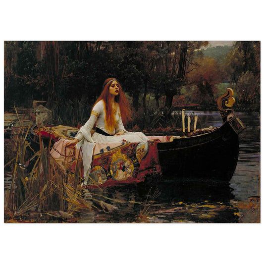 Painting of The Lady of Shalott by John William Waterhouse, showing a woman in a boat surrounded by rich fabrics, inspired by Tennyson’s poem.