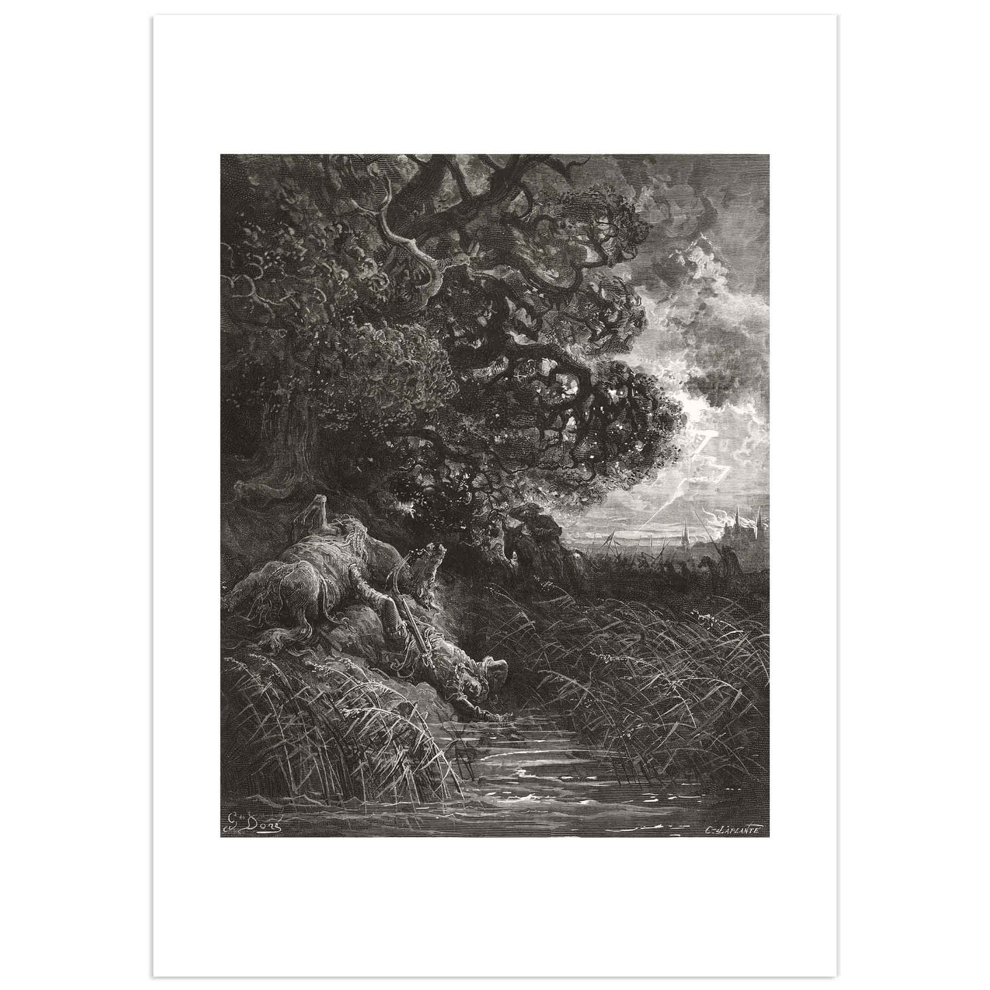 Black and white illustration by Gustave Doré showing the personified figure of a tall oak tree being violently bent or broken in a storm, while a slender reed survives by bending with the wind, representing La Fontaine’s fable “The Oak and the Reed”.