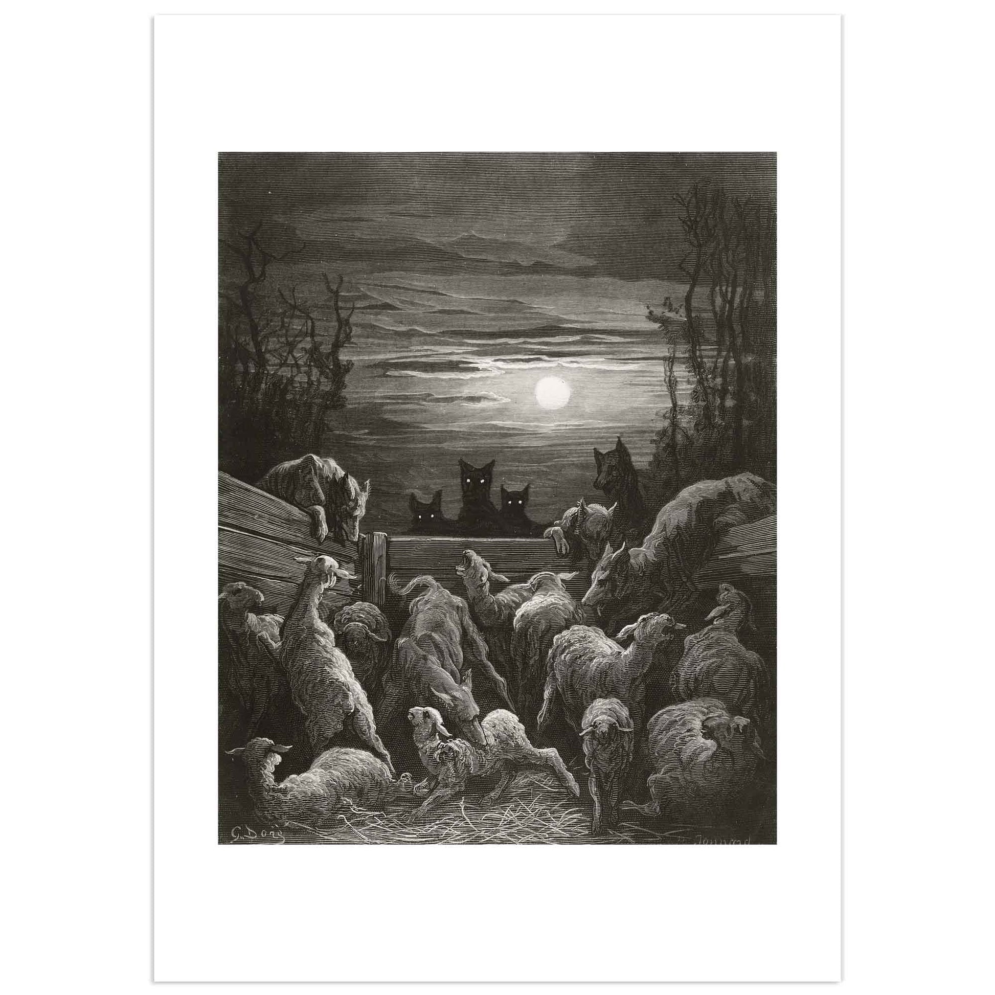 Detailed black and white illustration by Gustave Doré for the fable “The Wolves and the Sheep” by Jean de La Fontaine, showing a tense nighttime scene with a herd of frightened sheep facing a pack of wolves under a full moon, in a dramatic chiaroscuro composition.