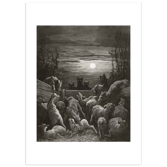 Detailed black and white illustration by Gustave Doré for the fable “The Wolves and the Sheep” by Jean de La Fontaine, showing a tense nighttime scene with a herd of frightened sheep facing a pack of wolves under a full moon, in a dramatic chiaroscuro composition.