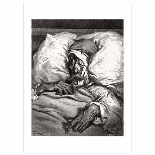 Gustave Doré engraving of Don Quixote lying in bed, dramatic chiaroscuro illustration